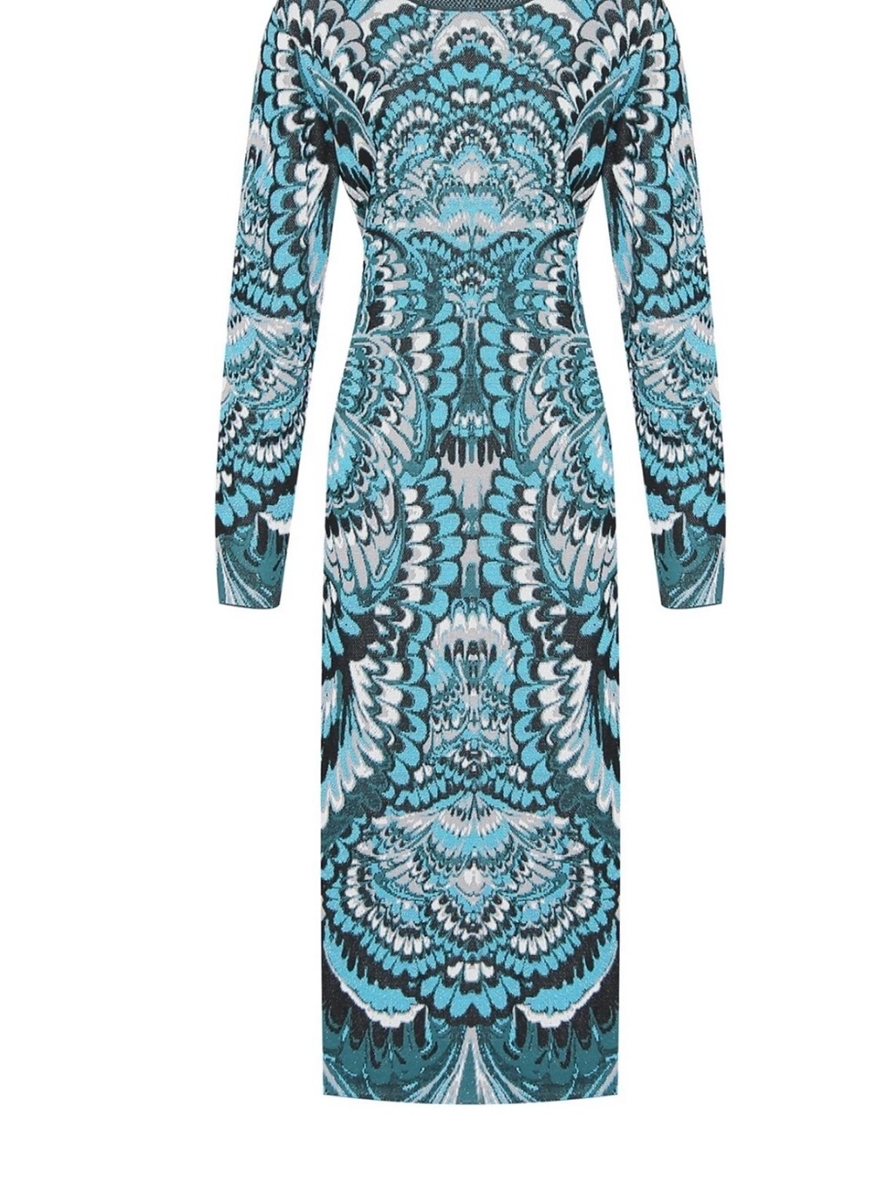 Marina Rinaldi Teal and Black Long Sleeve Patterned Midi Dress